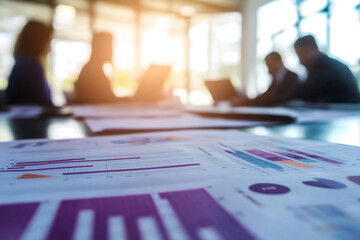 Blurred image of businesspeople working, documents with graphs in focus, suggesting collaboration, analysis, and business growth