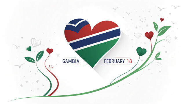 A heartfelt tribute to Gambia's Independence Day on February 18th, depicted with a flag-shaped heart and delicate floral design in soft pastel tones.