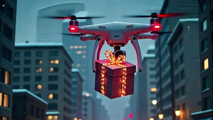 Drone delivering christmas gift in snowy city night with festive lights