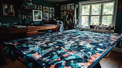 Fototapeta premium Textile lies on a table in the artist's atelier with sunlight streaming in