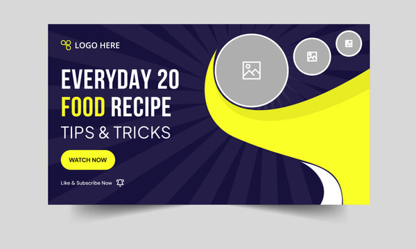 Editable vector food recipe techniques video cover banner design, daily food review tips and tricks video thumbnail banner design, customizable vector eps 10 file format