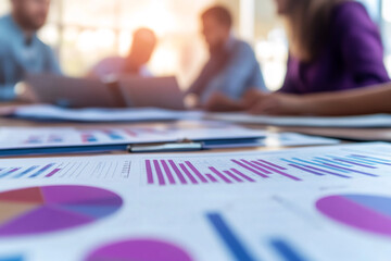 Close-up of financial charts and graphs on a table, blurred background showing businesspeople in a meeting, showcasing business analysis and teamwork concept