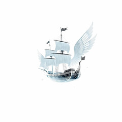 transparency refraction of light in a hologram of a transparent flying antique ship