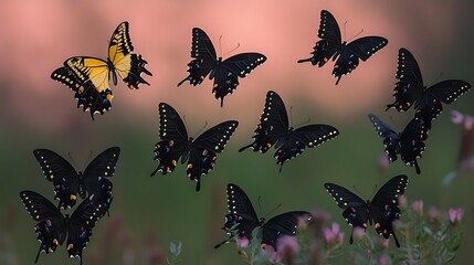 Obraz premium A swarm of black swallowtail butterflies, with one yellow specimen, takes flight amidst a gentle natural backdrop
