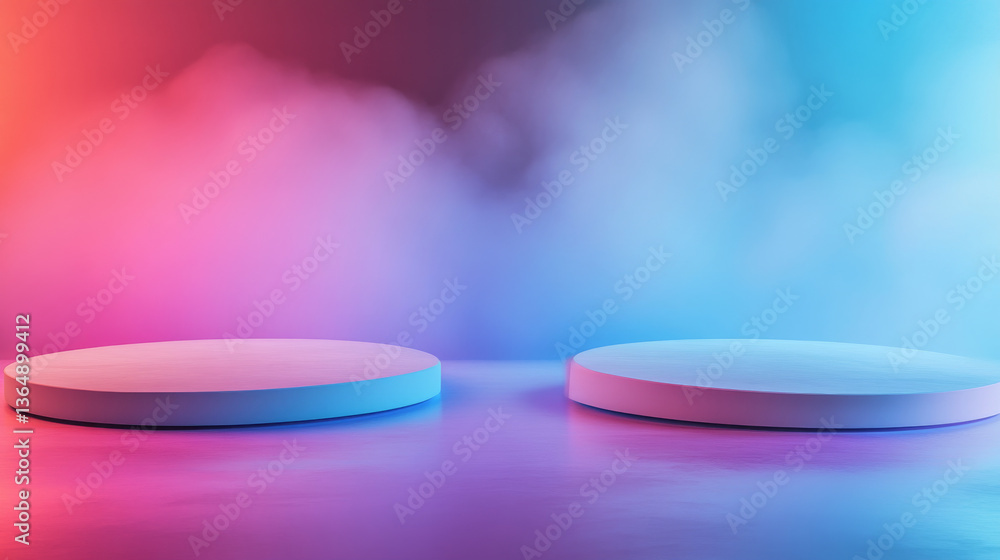 Poster round platforms floating on gradient background. vector realistic illustration of two empty podiums 