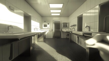 Empty sterile washroom, sunlight streams in.  Possible stock photo