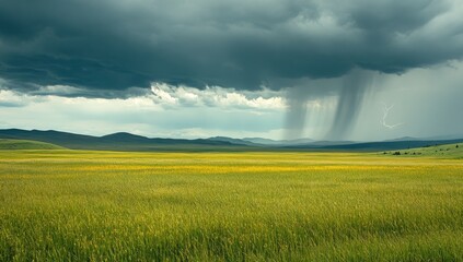 A large green field with dark storm clouds in the background and mountains in the distance.