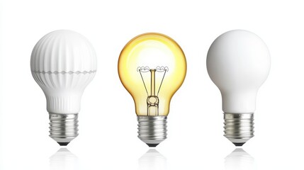 Three distinct light bulbs are arranged on a minimalist white backdrop. The bulbs vary in shape and color, highlighting innovative designs and their potential for energy efficiency
