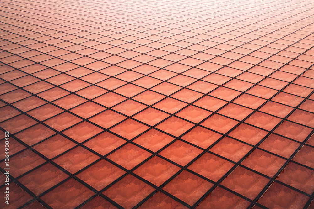 Poster orange square tiles create a receding grid pattern, suggesting depth and perspective, showcasing a m