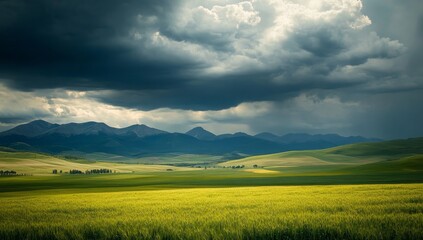 Obraz premium A large green field with dark storm clouds in the background and mountains in the distance.