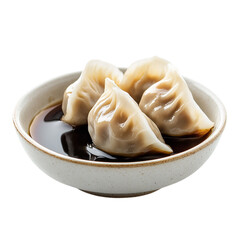PNG Illustration of Pleated Steamed Dumplings in a Wooden Bowl with a Soy Sauce Centerpiece