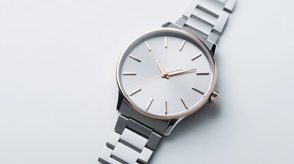 A sleek silver watch with minimalist styling and a white dial is positioned elegantly against a pale background, showcasing its rose gold hands and markers, perfect for formal or casual wear