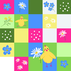 Bright patchwork pattern with cute chicken, flowers, spring quilt vector seamless background,
