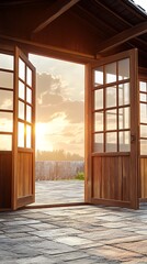 Obraz premium Wooden doors open to sunset patio