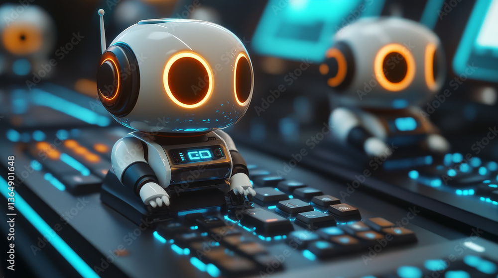 Aufkleber cute robots, digital assistants on computer keyboard. vector cartoon illustration of chat bots, funn