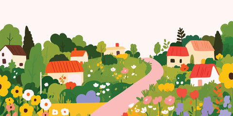 An idyllic illustration of a charming village, with colorful houses nestled amidst lush greenery, hinting at peace and serenity.