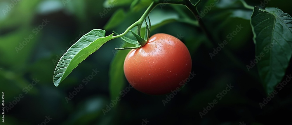 Poster close-up of a single tomato on a plant. the tomato is bright red in color and appears to be ripe and