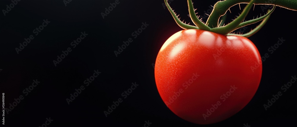 Poster close-up of a single red tomato with a green stem. the tomato is in the center of the image and is t