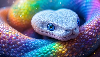 Fototapeta premium Curled Snake Close-up with Blue Eyes and Iridescent Scales