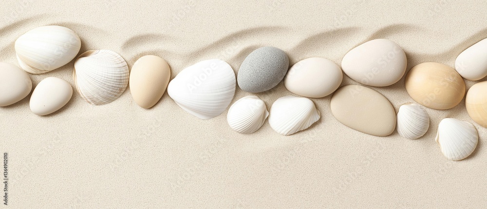 Poster group of different types of seashells arranged in a line on a beige background. there are nine shell