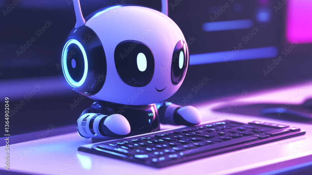 Aufkleber cute robots, digital assistants on computer keyboard. vector cartoon illustration of chat bots, funn