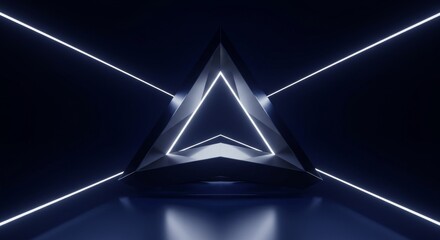 A geometric futuristic shape with glowing lines and dark tones