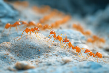 A line of ants traversing sandy terrain, the closest ant stands atop a small mound in a macro photograph.