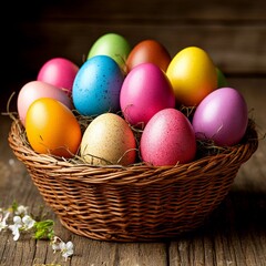 A bright assortment of pastel Easter eggs, arranged on a wooden surface among delicate white flowers and soft cotton, creates a festive and elegant spring atmosphere.