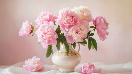 Beautiful bouquet of pink peonies in a decorative vase with a soft pastel background