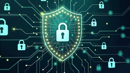 Digital security network animation with locks and circuit connections - Powered by Adobe