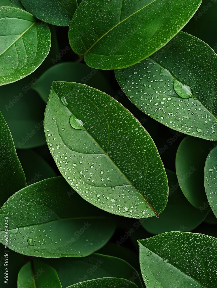 Poster close-up of a group of green leaves with water droplets on them. the leaves are arranged in a scatte