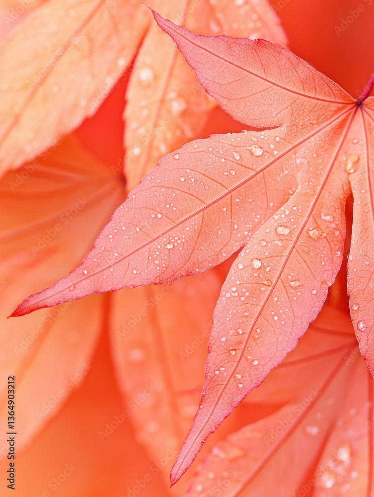 Poster close-up of a red maple leaf with water droplets on it. the leaf is in focus, while the background i