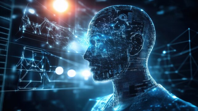 A bioinformatics specialist developing AI models for precision medicine, research office with genetic data, patient profiles