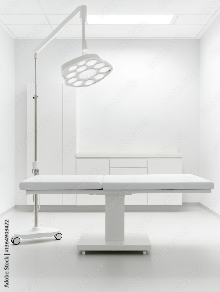 Poster modern medical examination table in a white room with white walls and floor. the table is rectangula