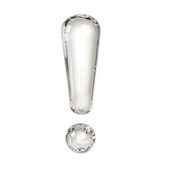 Shimmering glass exclamation mark symbolizing clarity and light against a pristine white backdrop