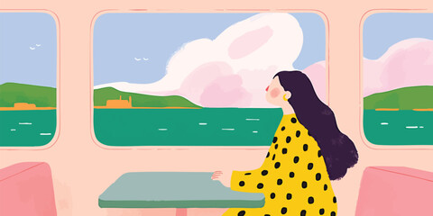 A young woman, dressed in a striking yellow polka-dot dress, gazes dreamily through the train window at the scenic vista of the sea.