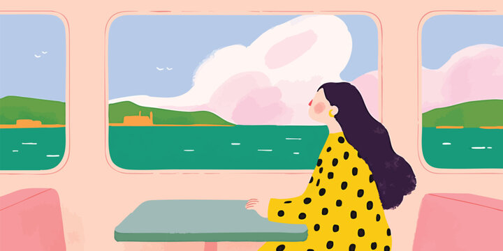 A young woman, dressed in a striking yellow polka-dot dress, gazes dreamily through the train window at the scenic vista of the sea.