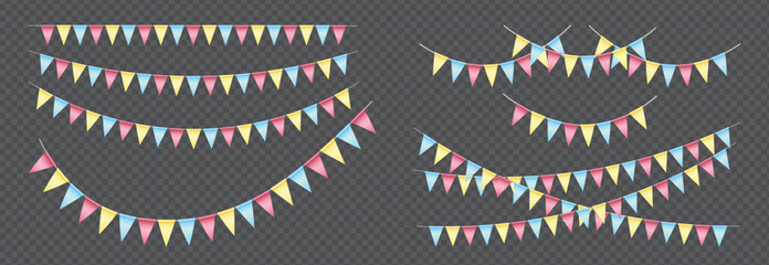 Fototapeta premium Realistic Triangle Bunting flags set, Pink, Blue and Yellow vector pennants hanging on the rope. Colorful flag garland for party and holiday decorations
