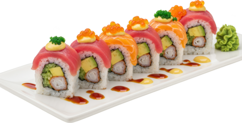 Delicious Rainbow Sushi Roll Platter Tuna Salmon Avocado Crab and Spicy Mayo