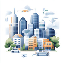 Obraz premium Smart city concept with modern buildings, electric vehicles, drones, and IoT technology showcasing sustainable urban living