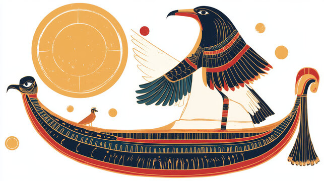 Ancient Egypt sun god Ra or Horus cartoon vector illustration. Egyptian culture religious symbols, ancient god-falcon in night and day boats, sacred birds, isolated on white background