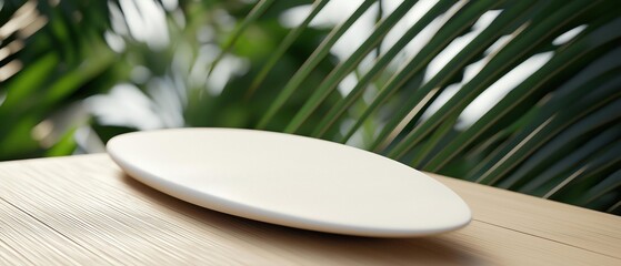 White oval-shaped object resting on a wooden surface. the object appears to be made of a smooth, glossy material and is slightly curved at the edges.