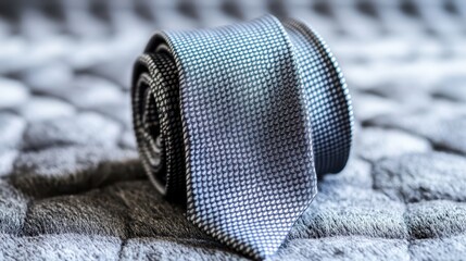 A gray tie is rolled neatly on a soft textured surface, highlighting its fine craftsmanship and design. This accessory is ideal for enhancing formal attire at events