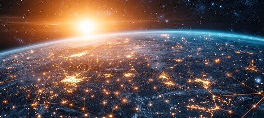 Planet Earth Glowing with Interconnected Network, Data Exchange and Global Communication Concept
