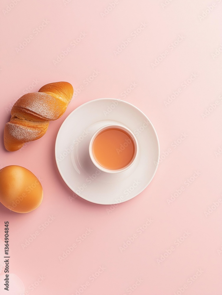 Poster flat lay of a breakfast scene on a pink background. on the left side of the image, there is a croiss