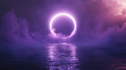 Neon circle frame with smoke on water surface. Round glowing frame with magic light among soft clouds. Purple ring with bright sparkles and flares, Realistic 3d vector abstract mysterious background