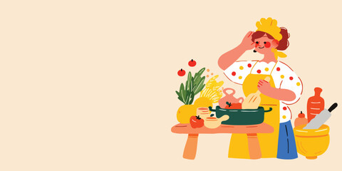 A cheerful cook prepares a delicious meal, surrounded by fresh ingredients in a colorful and inviting kitchen scene.