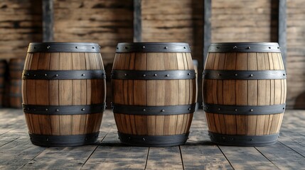 Fototapeta premium Three wooden barrels stand in a row, storage in a dimly lit rustic cellar
