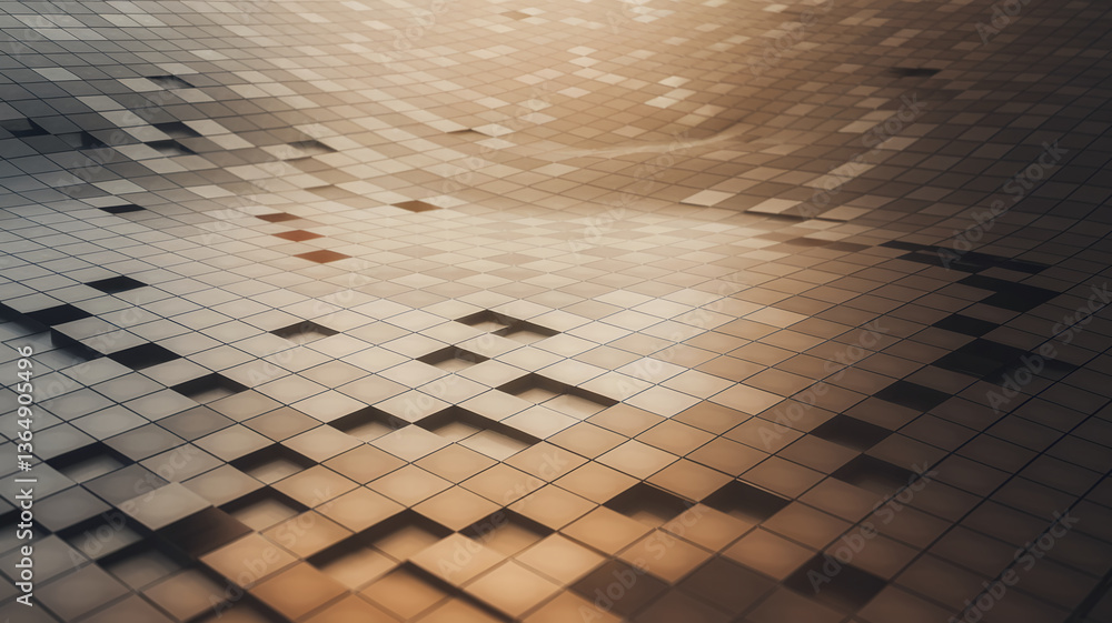 Poster abstract image of a wavy surface composed of small, brown squares, creating a three-dimensional effe