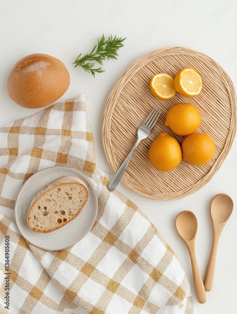 Poster flat lay of a kitchen countertop with a white background. on the left side of the image, there is a 
